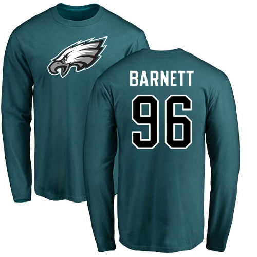 Men Philadelphia Eagles #96 Derek Barnett Green Name and Number Logo Long Sleeve NFL T Shirt->nfl t-shirts->Sports Accessory